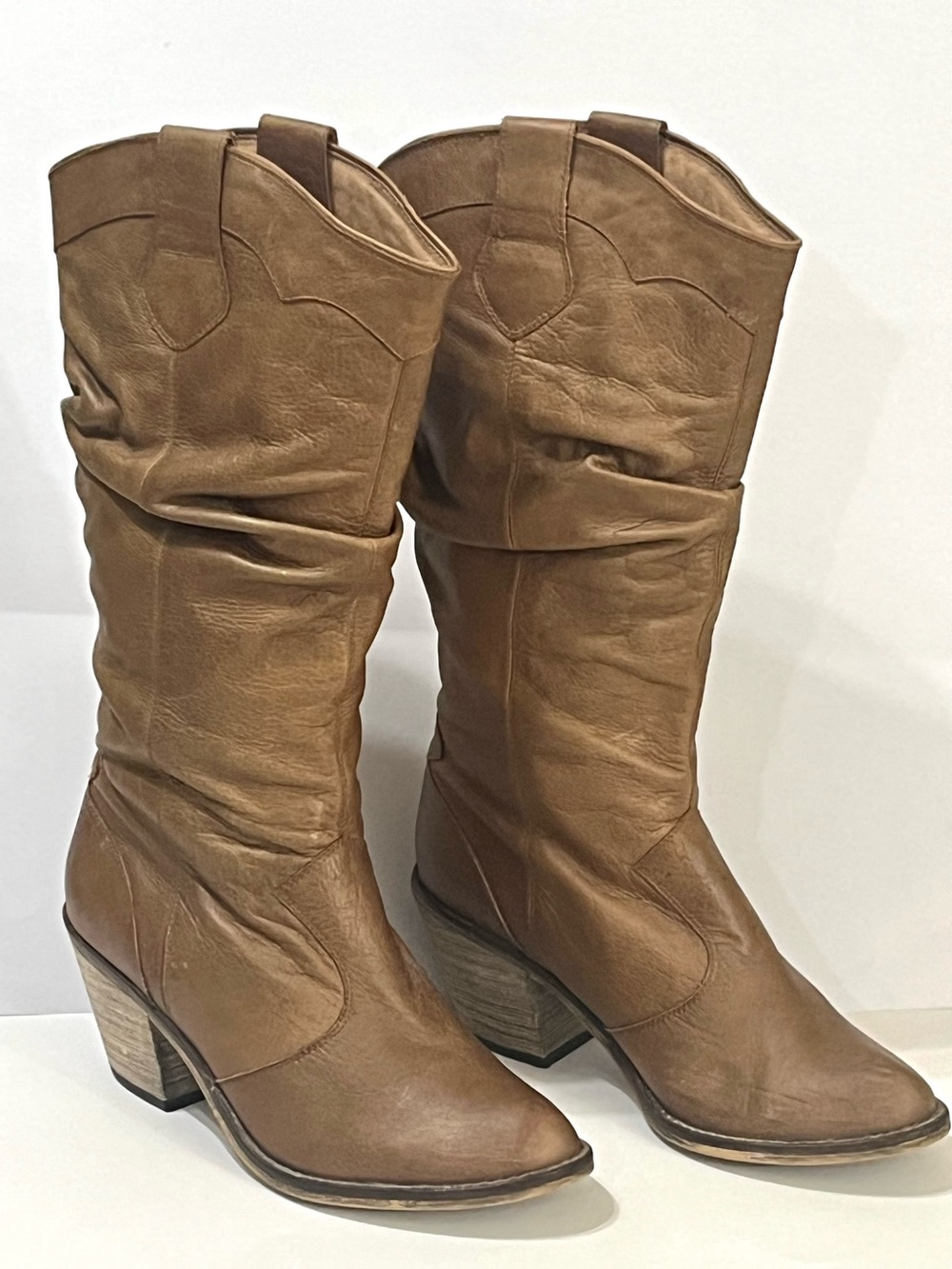 Vintage Y2K Steve Madden Tan Leather Cognac Brown Slouch Cowboy Boots 39 8-8.5